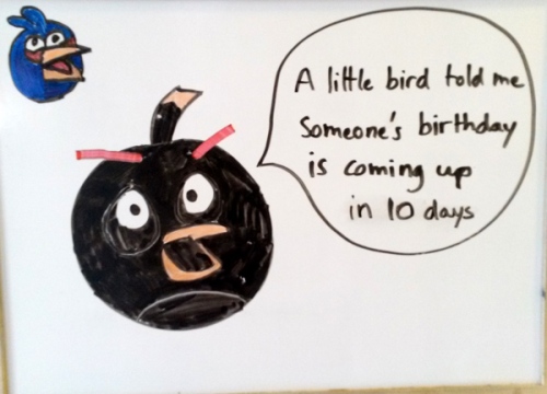 Angry Birds birthday countdown on our white board